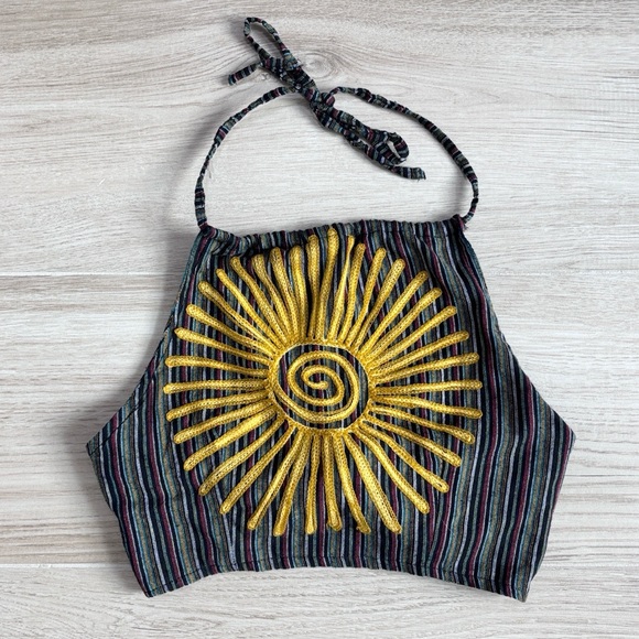 Kathmandu Imports Tops - Striped Crop Top with Sun Embroidery